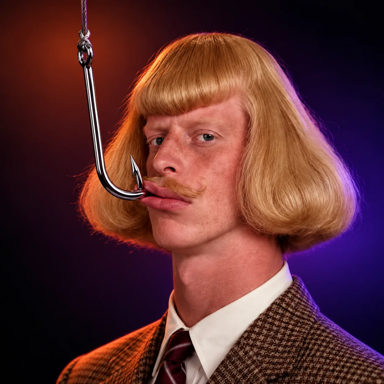 JeanPhil, a sharply dressed character with a fishing hook caught in his moustache